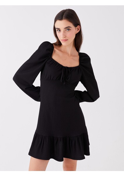 Yeni Sezon U Yaka Düz Uzun Kollu Elbise