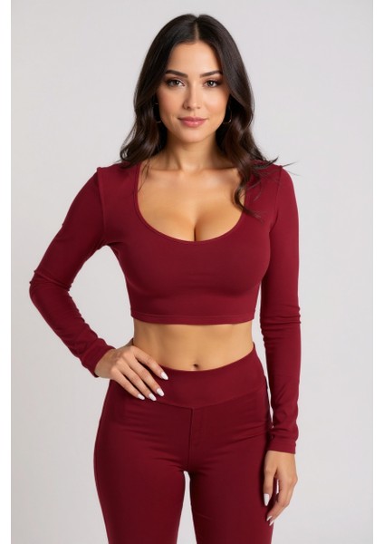 Kadın Bordo Uzun Kol Kare Yaka Crop Top Bluz