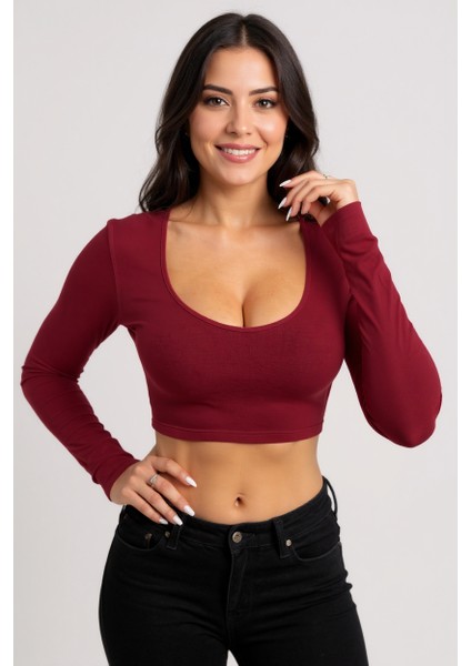 Kadın Bordo Uzun Kol Kare Yaka Crop Top Bluz fiyatları