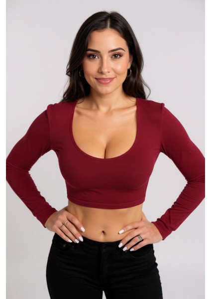 Kadın Bordo Uzun Kol Kare Yaka Crop Top Bluz fırsatları