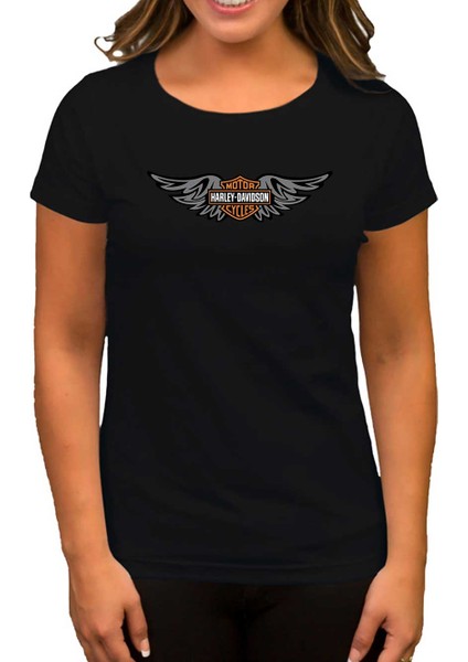 Harley Chopper Wings Siyah Kadın Tişört