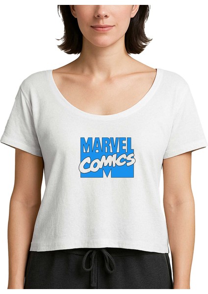 Marvel Comics Blue Logo Beyaz Kadın Tişört