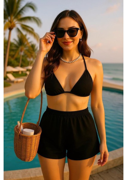 Kadın Siyah Şortlu Belden ve Boyundan Bağlamalı Bikini Takımı – Modern, Konforlu ve Günlük Kombinlere Uygun fiyatları