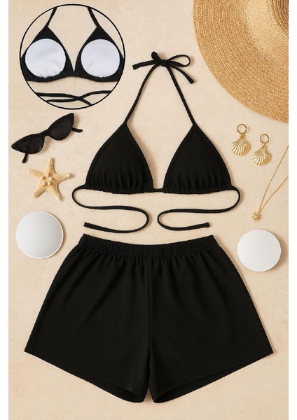 Kadın Siyah Şortlu Belden ve Boyundan Bağlamalı Bikini Takımı – Modern, Konforlu ve Günlük Kombinlere Uygun modelleri