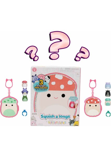 Squishmallows Squish-A-Longs Klipsli Çanta Süsü ve 3 Figür + Yüzük Sürpriz Paket S1 - Mantar Malcolm