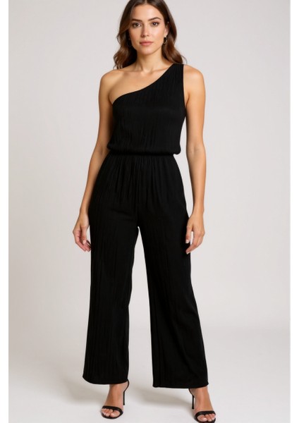 Kadın Siyah Tek Omuzlu Şık Bluz & Geniş Paça Pantolon Ikili Takım – Modern, Konforlu ve Günlük Kombinlere Uygun