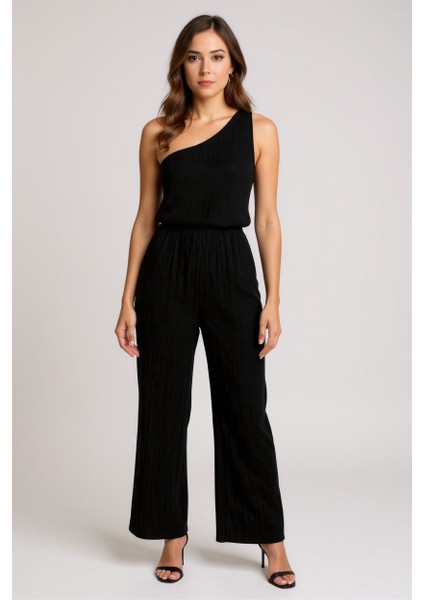 Kadın Siyah Tek Omuzlu Şık Bluz & Geniş Paça Pantolon Ikili Takım – Modern, Konforlu ve Günlük Kombinlere Uygun