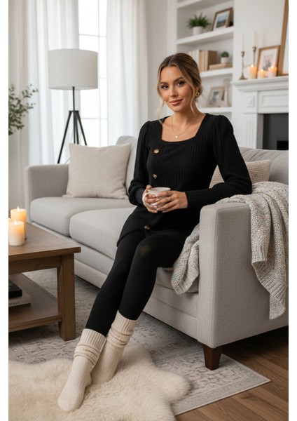 Kadın Uzun Kollu Düğmeli Mevsimlik Bluz – Yumuşak Dokulu, Esnek ve Sıcak Tutan Kumaş