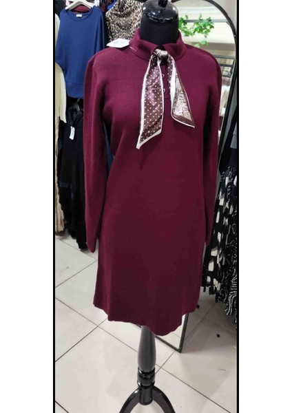 Kadın Bordo Fular Detaylı Akrilik Triko Elbise