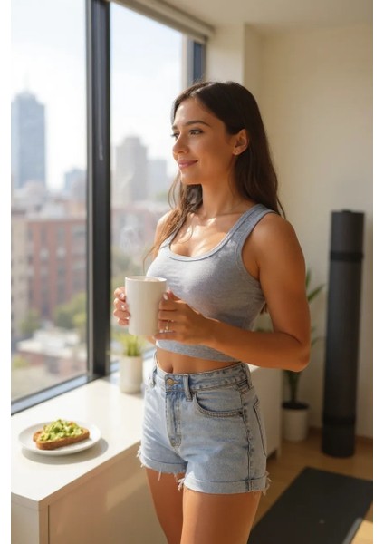 Kadın Gri Kare Yaka Crop Top Bluz – Şık, Rahat ve Kolay Kombinlenebilir