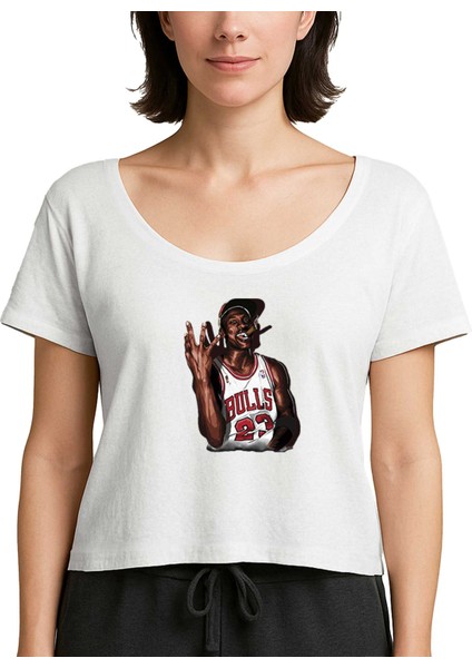 Micheal Jordn Bulls 23 Beyaz Kadın Tişört