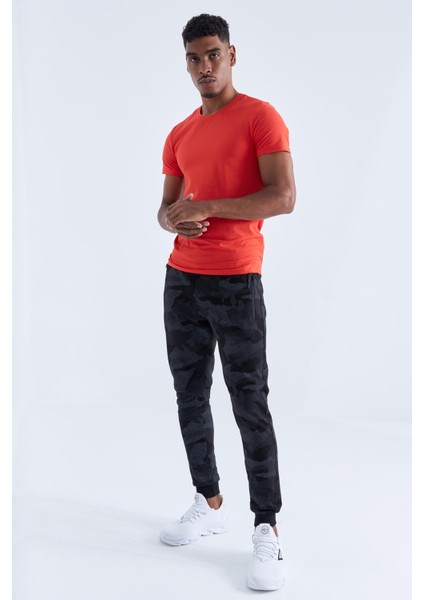 Siyah Kamuflaj Kamuflaj Desenli Dar Kalıp Jogger Erkek Eşofman Alt - 84754