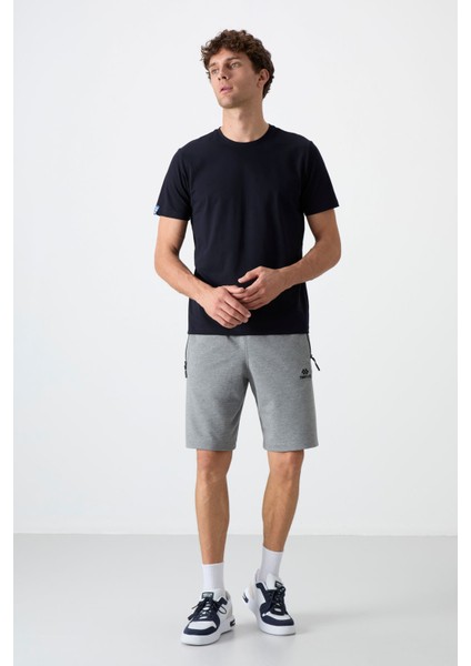 Gri Melanj Gizli Fermuar Arka Cepli Bağcıklı Standart Kalıp Erkek Şort - 81136