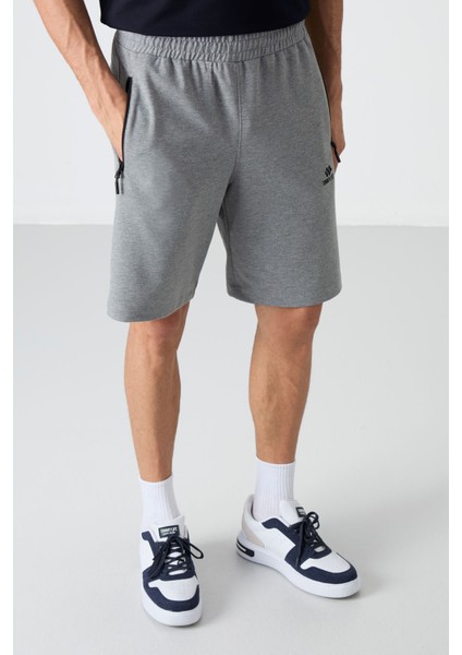 Gri Melanj Gizli Fermuar Arka Cepli Bağcıklı Standart Kalıp Erkek Şort - 81136