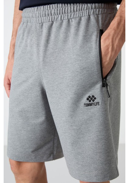 Gri Melanj Gizli Fermuar Arka Cepli Bağcıklı Standart Kalıp Erkek Şort - 81136