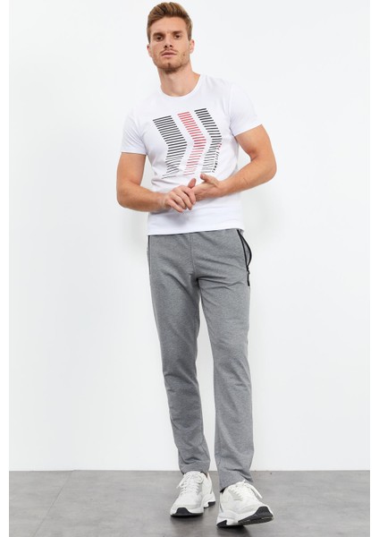 Gri Melanj Fermuar Cepli Yazı Detaylı Standart Kalıp Klasik Paça Erkek Eşofman Alt - 84744