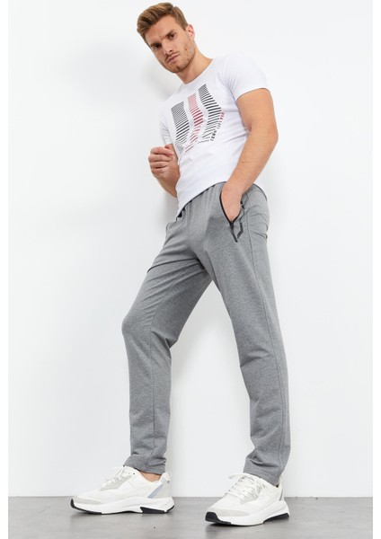 Gri Melanj Fermuar Cepli Yazı Detaylı Standart Kalıp Klasik Paça Erkek Eşofman Alt - 84744