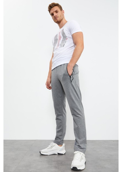 Gri Melanj Fermuar Cepli Yazı Detaylı Standart Kalıp Klasik Paça Erkek Eşofman Alt - 84744