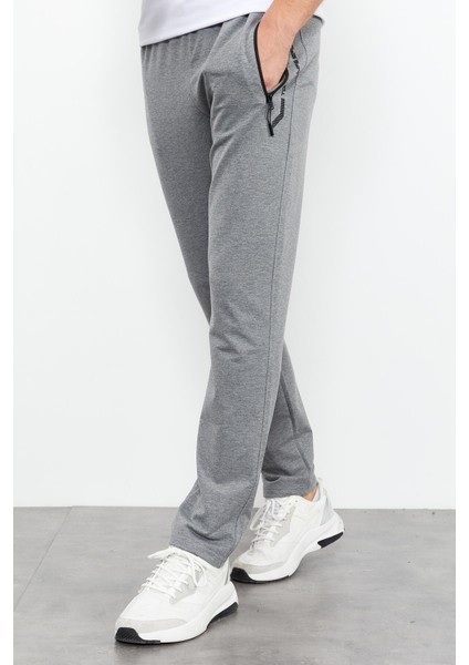 Gri Melanj Fermuar Cepli Yazı Detaylı Standart Kalıp Klasik Paça Erkek Eşofman Alt - 84744