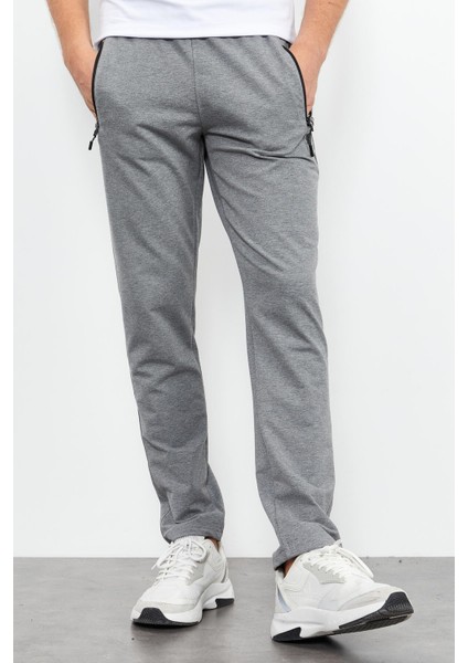 Gri Melanj Fermuar Cepli Yazı Detaylı Standart Kalıp Klasik Paça Erkek Eşofman Alt - 84744