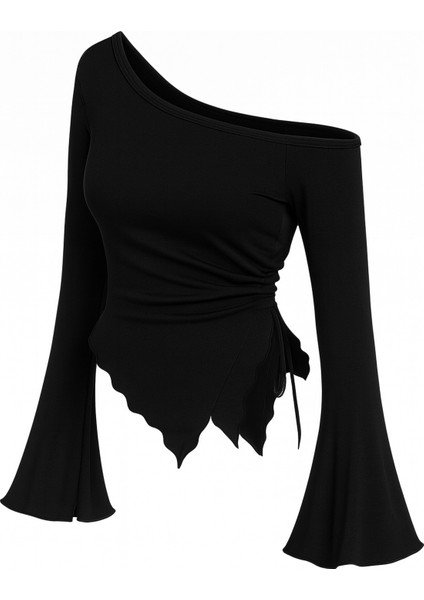 Kadın Siyah Uzun Ispanyol Kollu Asimetirik Yaka Yandan Bağlamalı Drapeli Bluz modelleri