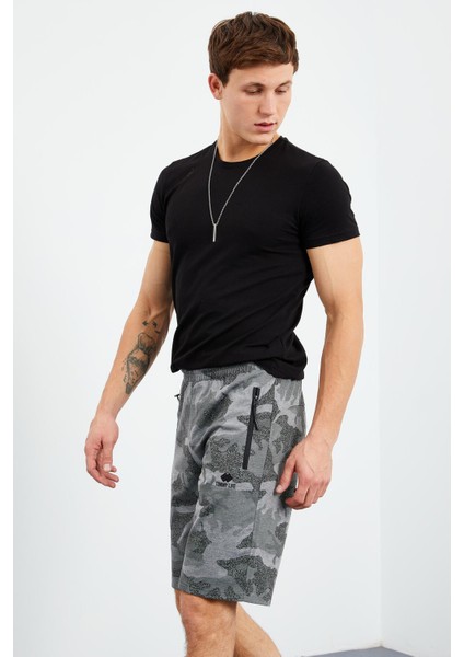 Gri Melanj Kamuflaj Desenli Standart Kalıp Erkek Şort - 81157