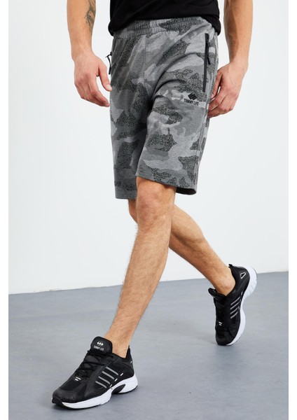Gri Melanj Kamuflaj Desenli Standart Kalıp Erkek Şort - 81157