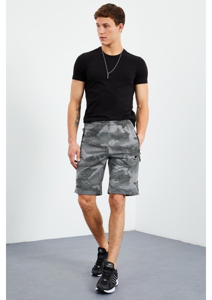 Gri Melanj Kamuflaj Desenli Standart Kalıp Erkek Şort - 81157