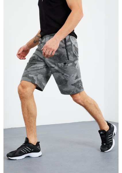 Gri Melanj Kamuflaj Desenli Standart Kalıp Erkek Şort - 81157