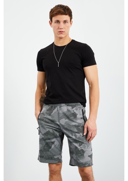 Gri Melanj Kamuflaj Desenli Standart Kalıp Erkek Şort - 81157