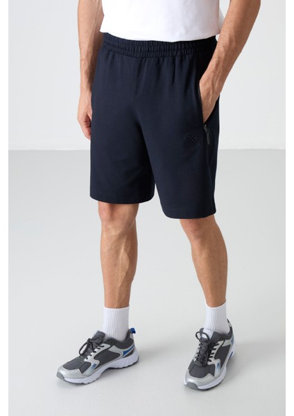 Lacivert Gizli Fermuar Arka Cepli Bağcıklı Standart Kalıp Erkek Şort - 81136