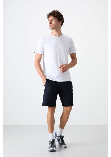 Lacivert Gizli Fermuar Arka Cepli Bağcıklı Standart Kalıp Erkek Şort - 81136