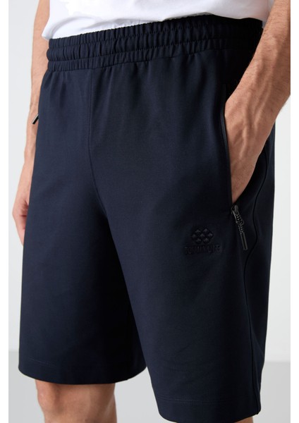 Lacivert Gizli Fermuar Arka Cepli Bağcıklı Standart Kalıp Erkek Şort - 81136