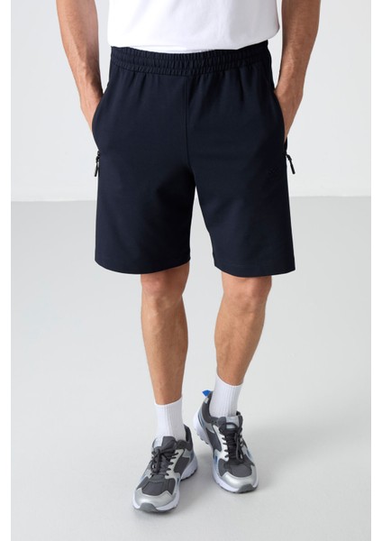 Lacivert Gizli Fermuar Arka Cepli Bağcıklı Standart Kalıp Erkek Şort - 81136