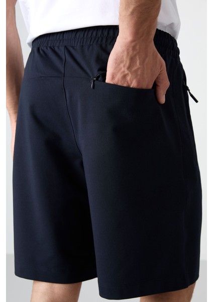 Lacivert Gizli Fermuar Arka Cepli Bağcıklı Standart Kalıp Erkek Şort - 81136