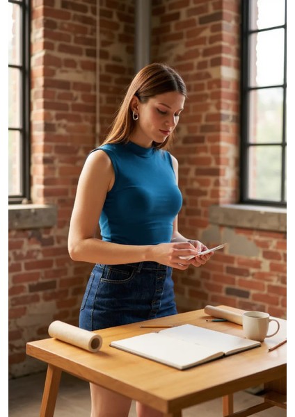 Kadın Mavi Kolsuz Balıkçı Yaka Basic Bluz