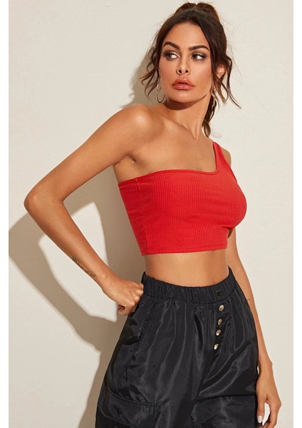 Kadın Kırmızı Tek Omuz Crop Büstiyer – Modern ve Şık Tasarım