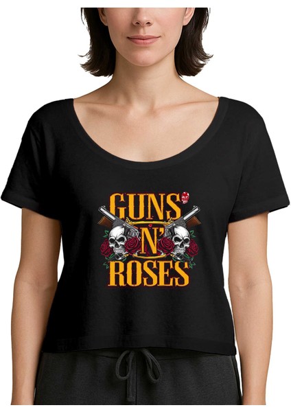 Guns N Roses Text Skull Siyah Kadın Tişört