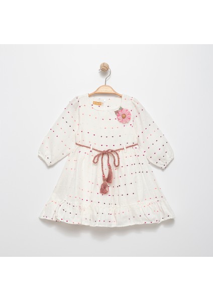 Kız Çocuk Ponpon Desenli Uzun Kollu Elbise