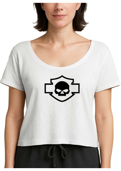 Harley Chopper Motorcycle Skull Beyaz Kadın Tişört