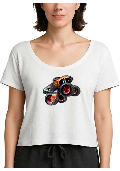 Cartoon Monster Truck Beyaz Kadın Tişört