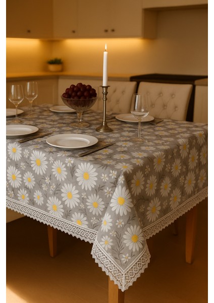 Lüks Gri Papatya Desenli Masa Örtüsü Dantel Detaylı, Şık ve Zarif Tasarım Silinebilir Leke Tutmaz