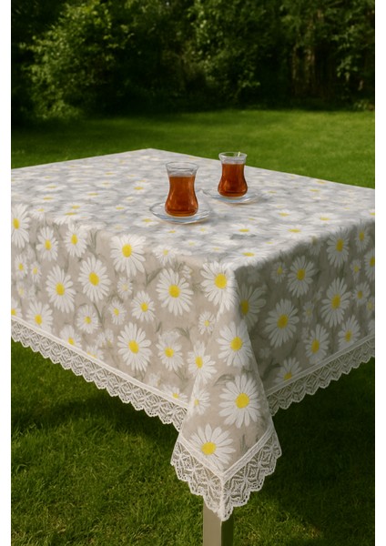 Lüks Gri Papatya Desenli Masa Örtüsü Dantel Detaylı, Şık ve Zarif Tasarım Silinebilir Leke Tutmaz fiyatları