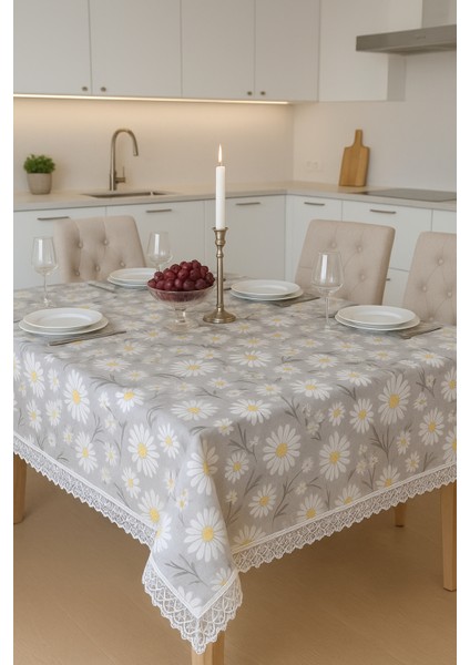 Lüks Gri Papatya Desenli Masa Örtüsü Dantel Detaylı, Şık ve Zarif Tasarım Silinebilir Leke Tutmaz fırsatları