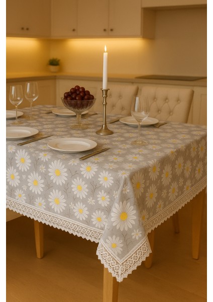 Lüks Gri Papatya Desenli Masa Örtüsü Dantel Detaylı, Şık ve Zarif Tasarım Silinebilir Leke Tutmaz indirimleri