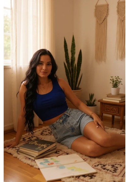 Kadın Lacivert Kare Yaka Crop Top Bluz – Şık, Rahat ve Kolay Kombinlenebilir