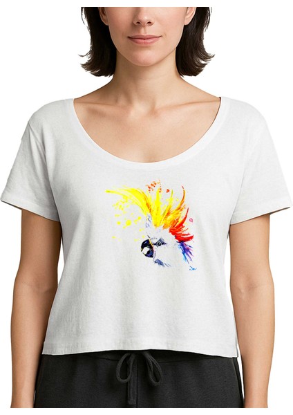 Papağan Sulu Boya Beyaz Kadın Tişört