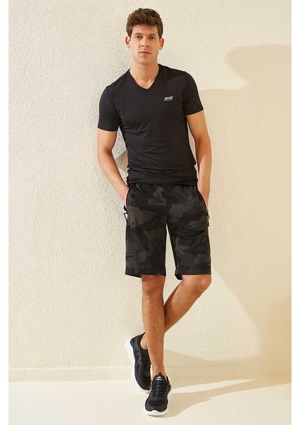 Siyah Gölge Kamuflaj Desenli Standart Kalıp Erkek Şort - 81157