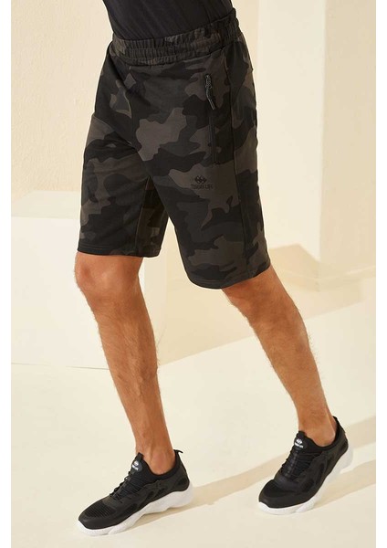 Siyah Gölge Kamuflaj Desenli Standart Kalıp Erkek Şort - 81157