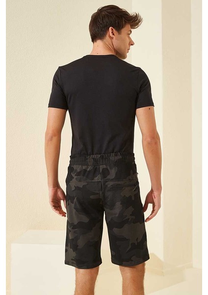 Siyah Gölge Kamuflaj Desenli Standart Kalıp Erkek Şort - 81157